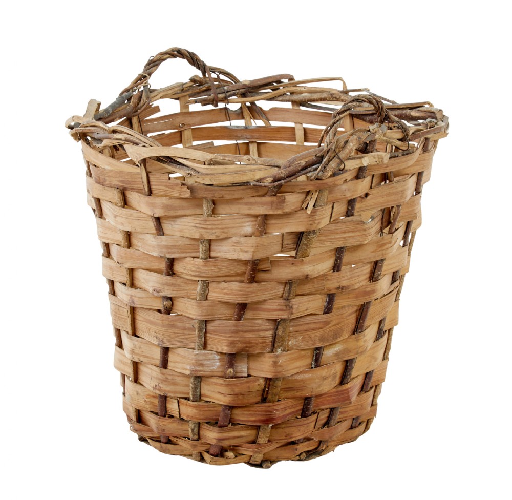 A large rustic woven basket crafted from light brown split wood strips featuring integrated loop handles at the top rim. View II