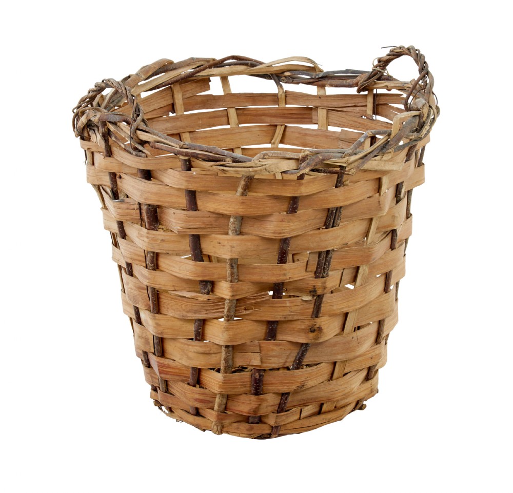A large rustic woven basket crafted from light brown split wood strips featuring integrated loop handles at the top rim. View III