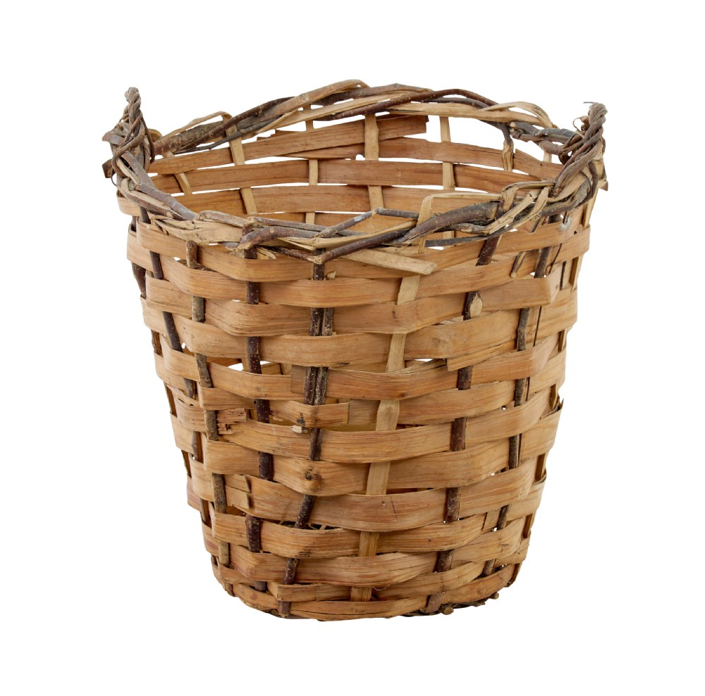 A large rustic woven basket crafted from light brown split wood strips featuring integrated loop handles at the top rim. View IV