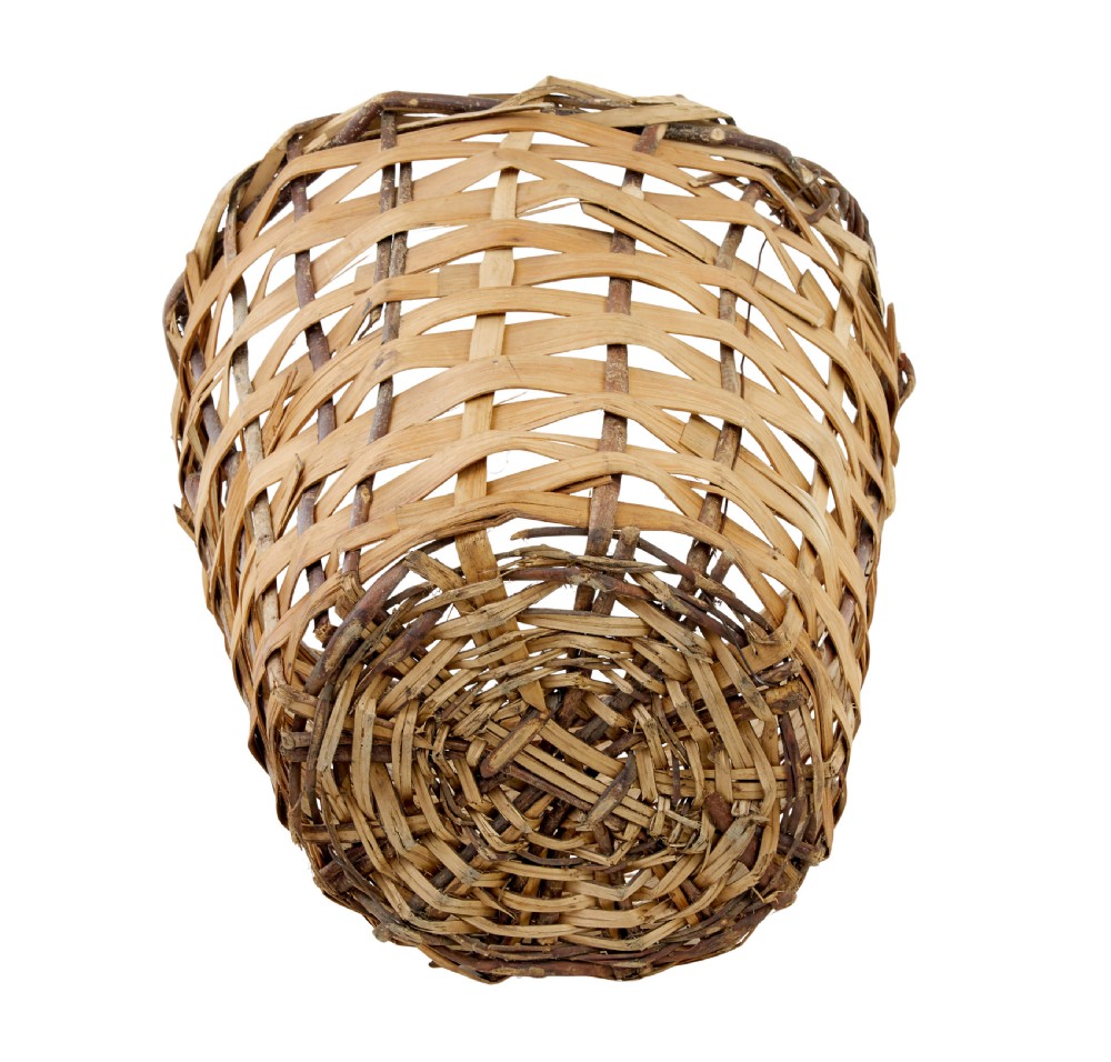A large rustic woven basket crafted from light brown split wood strips featuring integrated loop handles at the top rim. View V