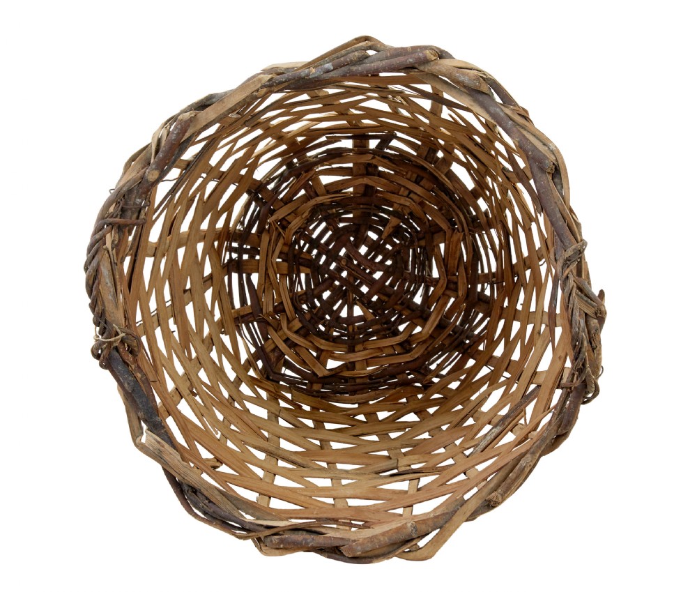 A large rustic woven basket crafted from light brown split wood strips featuring integrated loop handles at the top rim. View VI