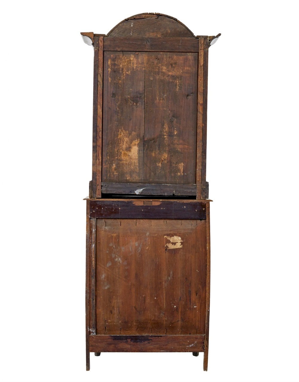 A mid-19th-century carved oak display cabinet featuring glazed doors, arched pediment, and green fabric interior lining. View IV