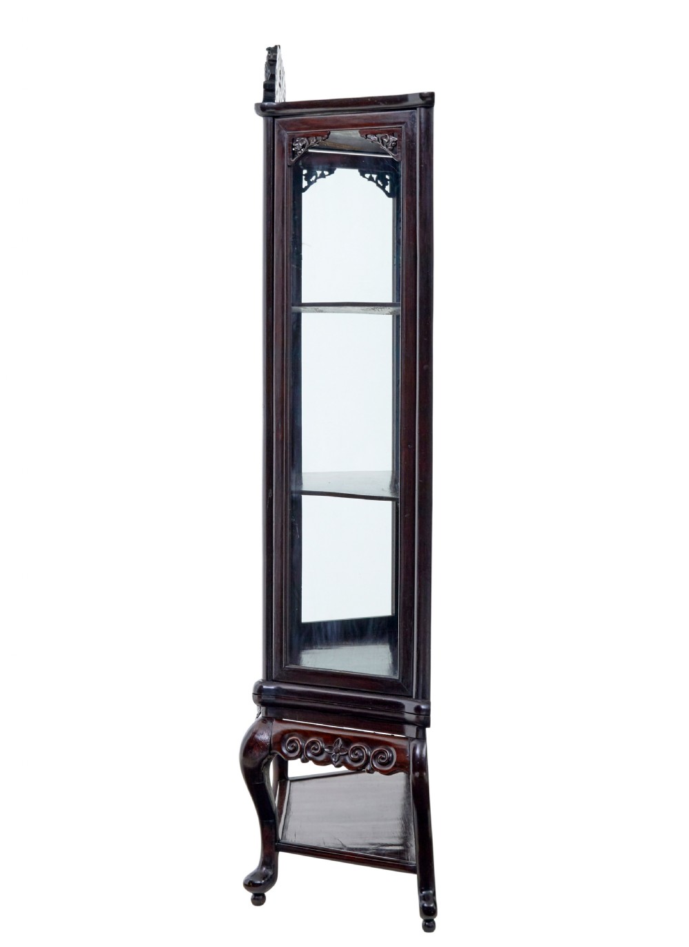 A 19th-century Chinese carved dark hardwood display cabinet featuring glazed doors, an intricate dragon cresting rail, and cabriole legs with a lower undertier. View III