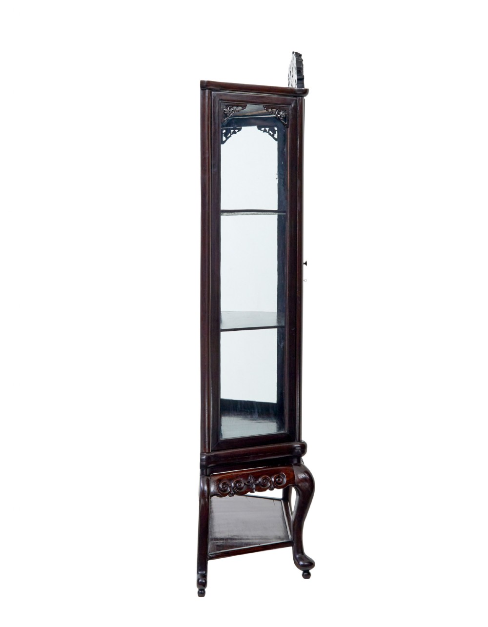 A 19th-century Chinese carved dark hardwood display cabinet featuring glazed doors, an intricate dragon cresting rail, and cabriole legs with a lower undertier. View V