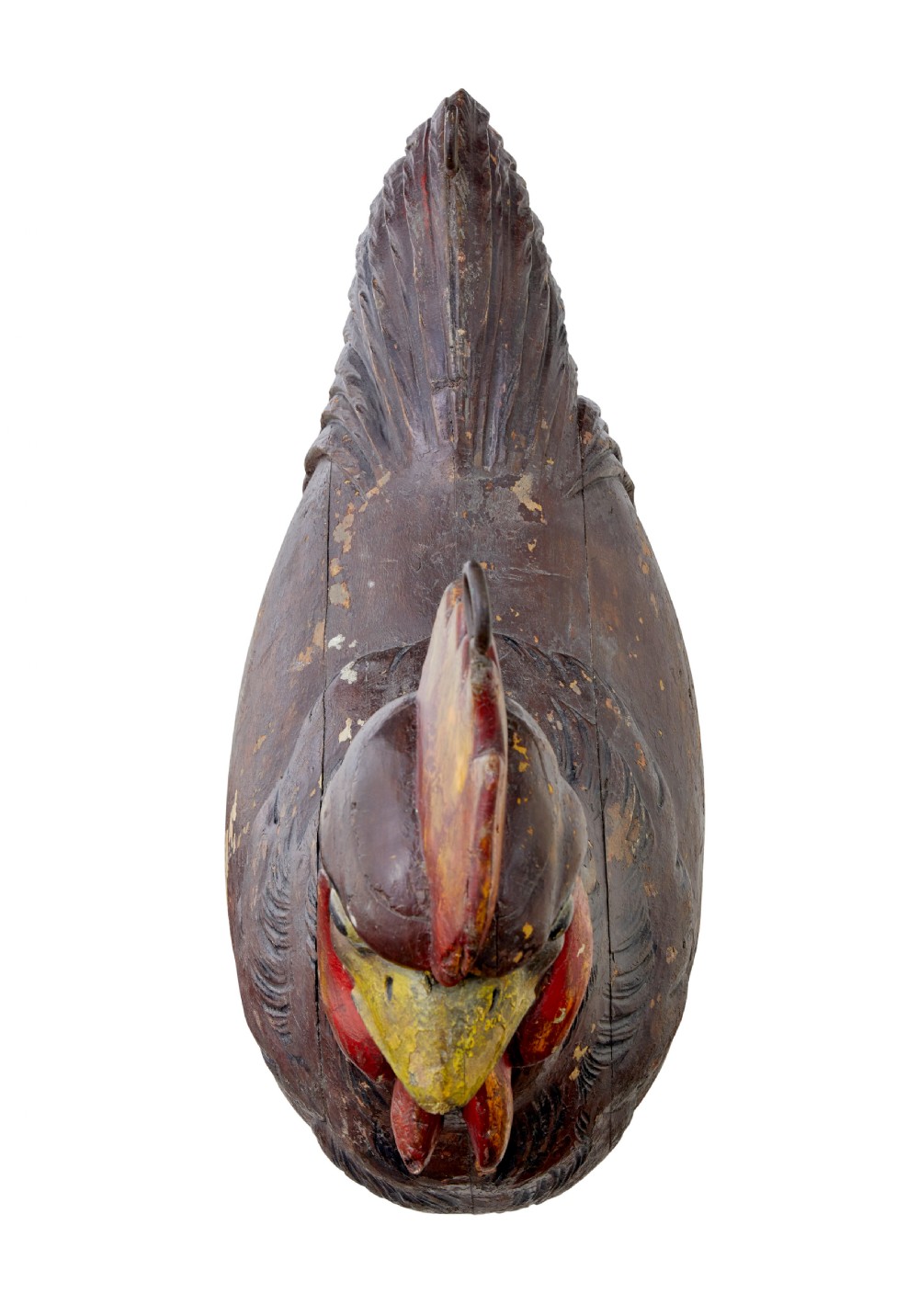 A 19th-century French carved solid wood rooster shop display with distressed painted surface layers and top iron hanging loops. View II