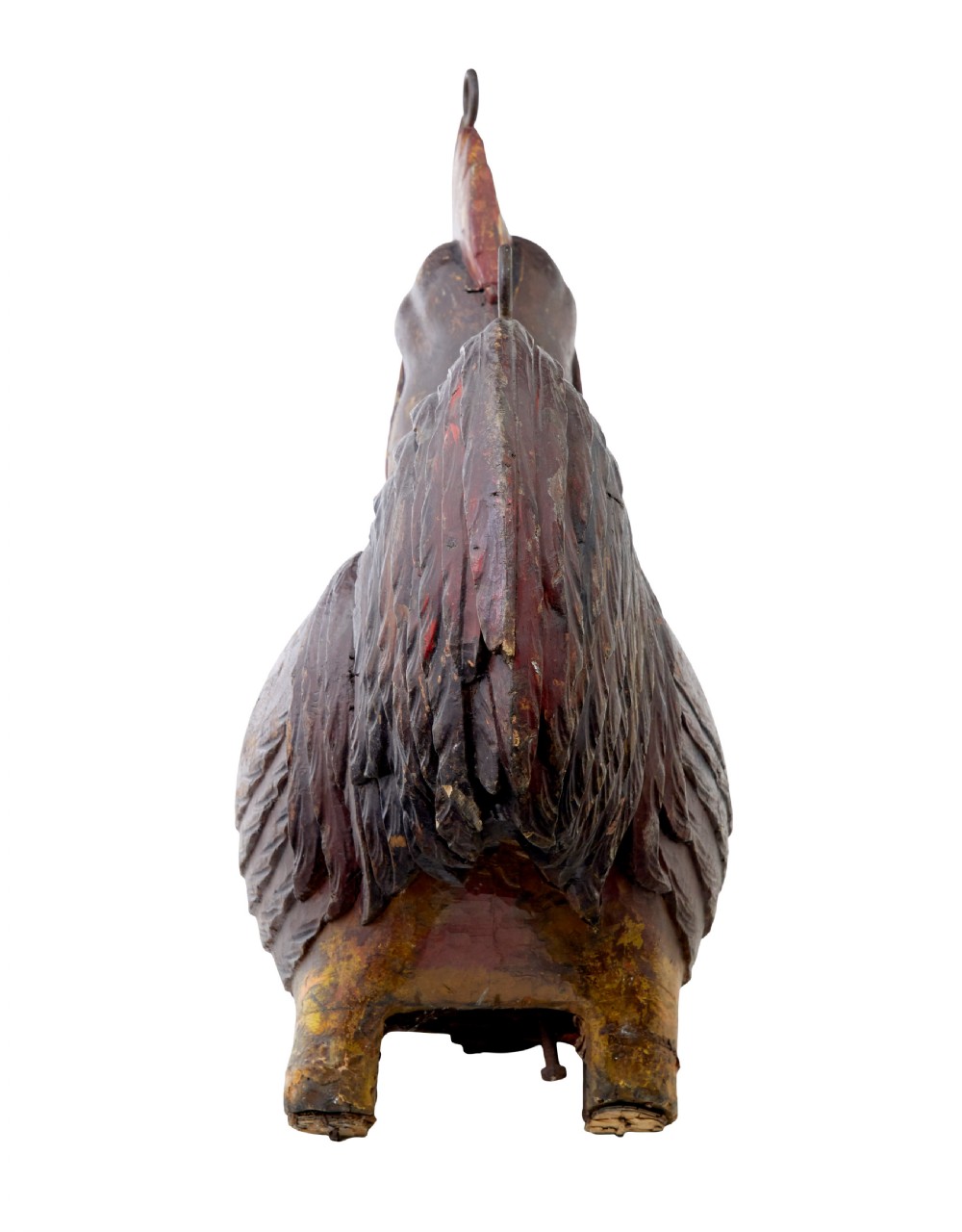 A 19th-century French carved solid wood rooster shop display with distressed painted surface layers and top iron hanging loops. View III