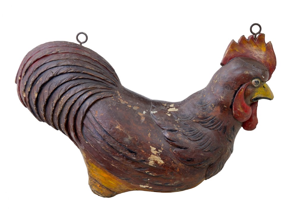 A 19th-century French carved solid wood rooster shop display with distressed painted surface layers and top iron hanging loops. View IV