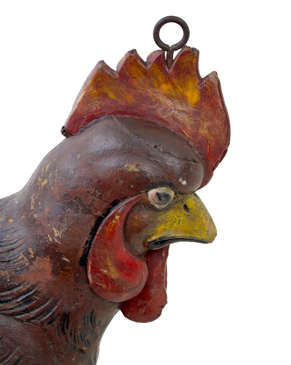 A 19th-century French carved solid wood rooster shop display with distressed painted surface layers and top iron hanging loops. View VI