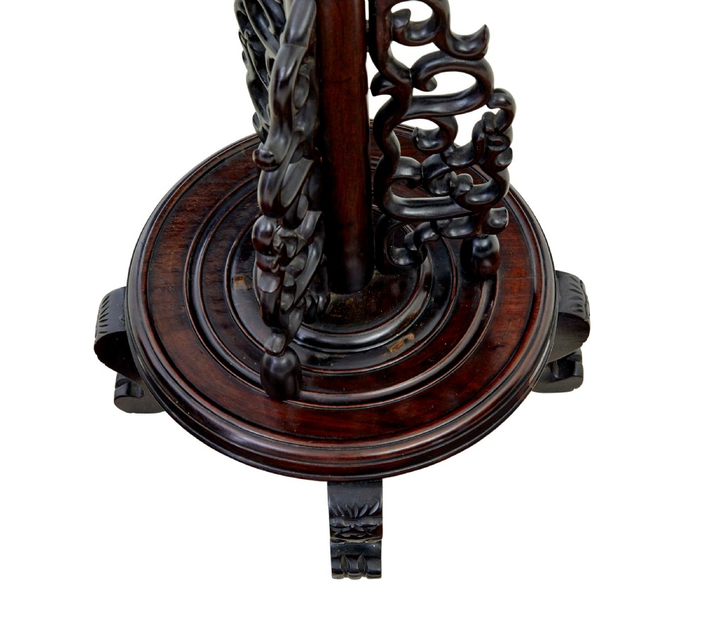 A tall dark hardwood floor lamp featuring a carved dragon head top motif and an openwork carved base with cabriole feet. View III