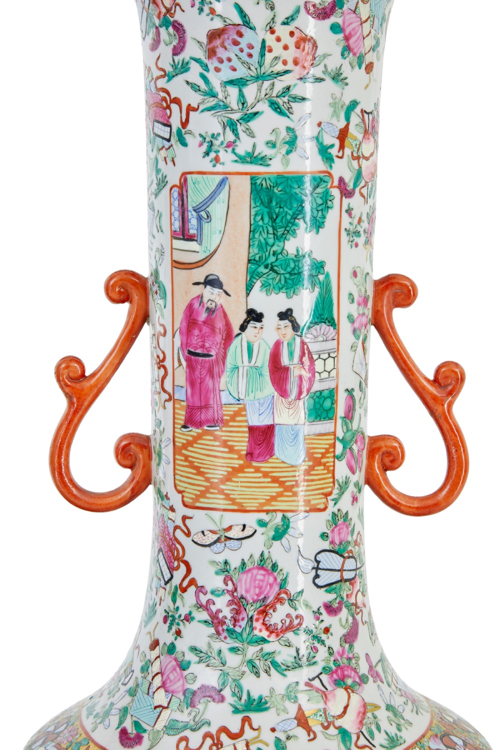 A pair of large early 20th-century Chinese Cantonese porcelain vase lamps featuring hand-painted figurative panels, scroll handles, and brass light fittings. View VII
