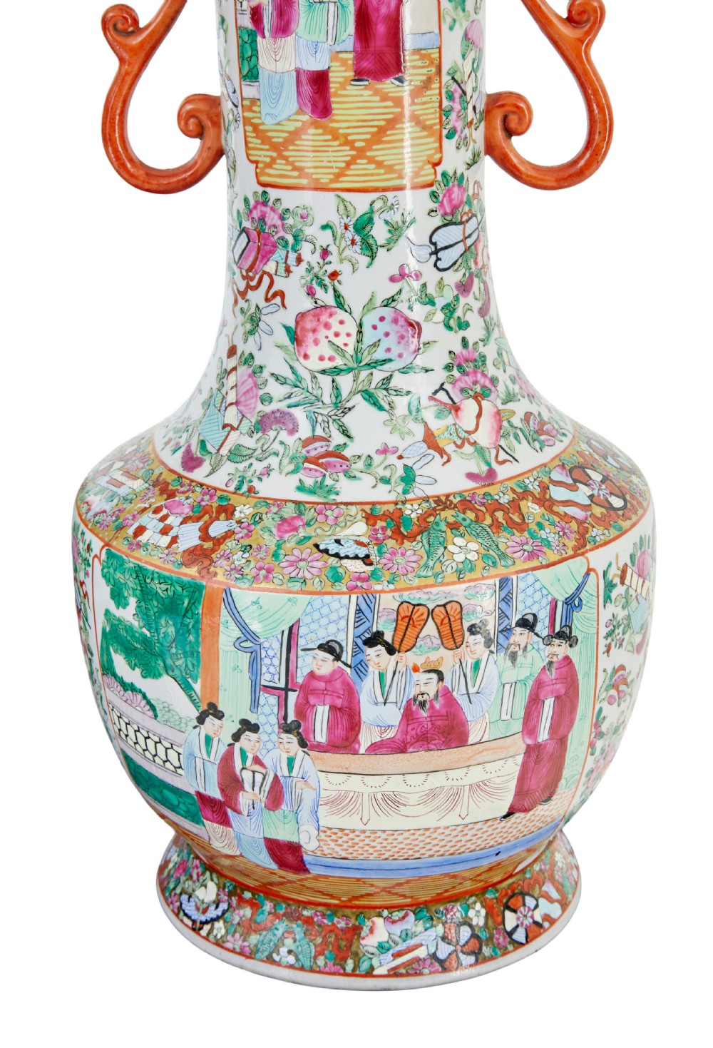 A pair of large early 20th-century Chinese Cantonese porcelain vase lamps featuring hand-painted figurative panels, scroll handles, and brass light fittings. View VIII