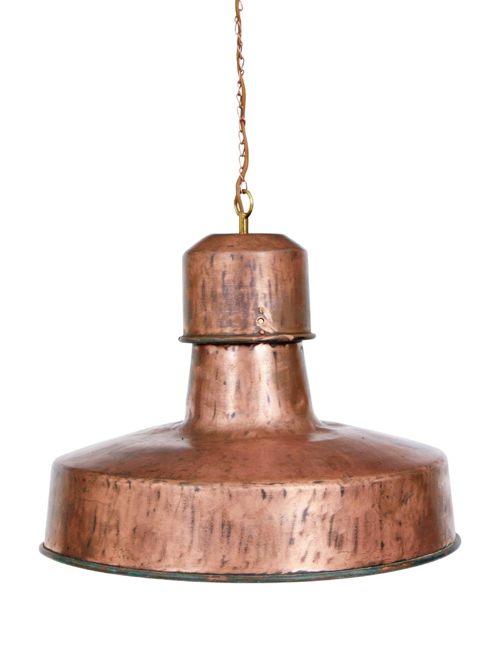 An industrial copper pendant light featuring a stepped upper gallery and a wide conical metal shade suspended by a chain.