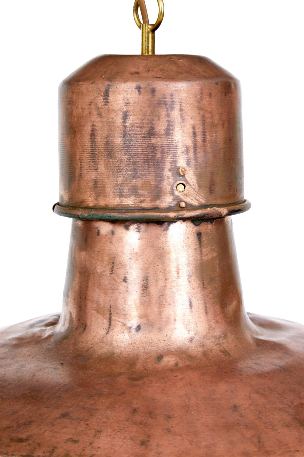 An industrial copper pendant light featuring a stepped upper gallery and a wide conical metal shade suspended by a chain. View II