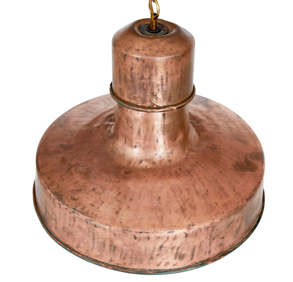 An industrial copper pendant light featuring a stepped upper gallery and a wide conical metal shade suspended by a chain. View III