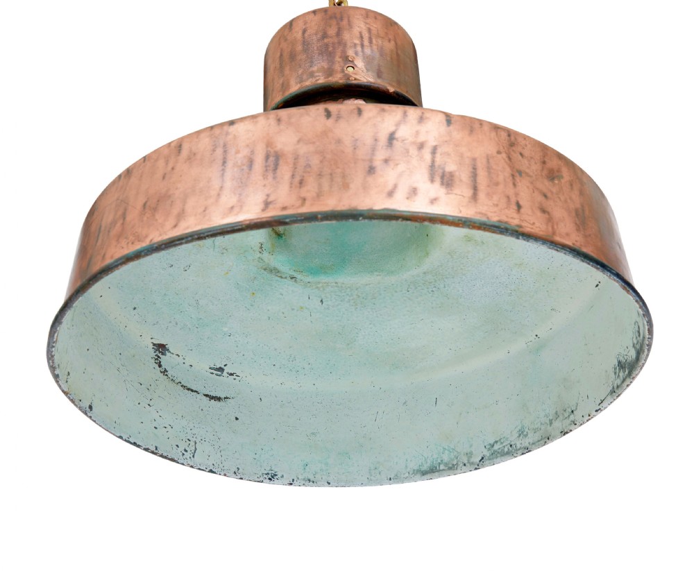 An industrial copper pendant light featuring a stepped upper gallery and a wide conical metal shade suspended by a chain. View IV