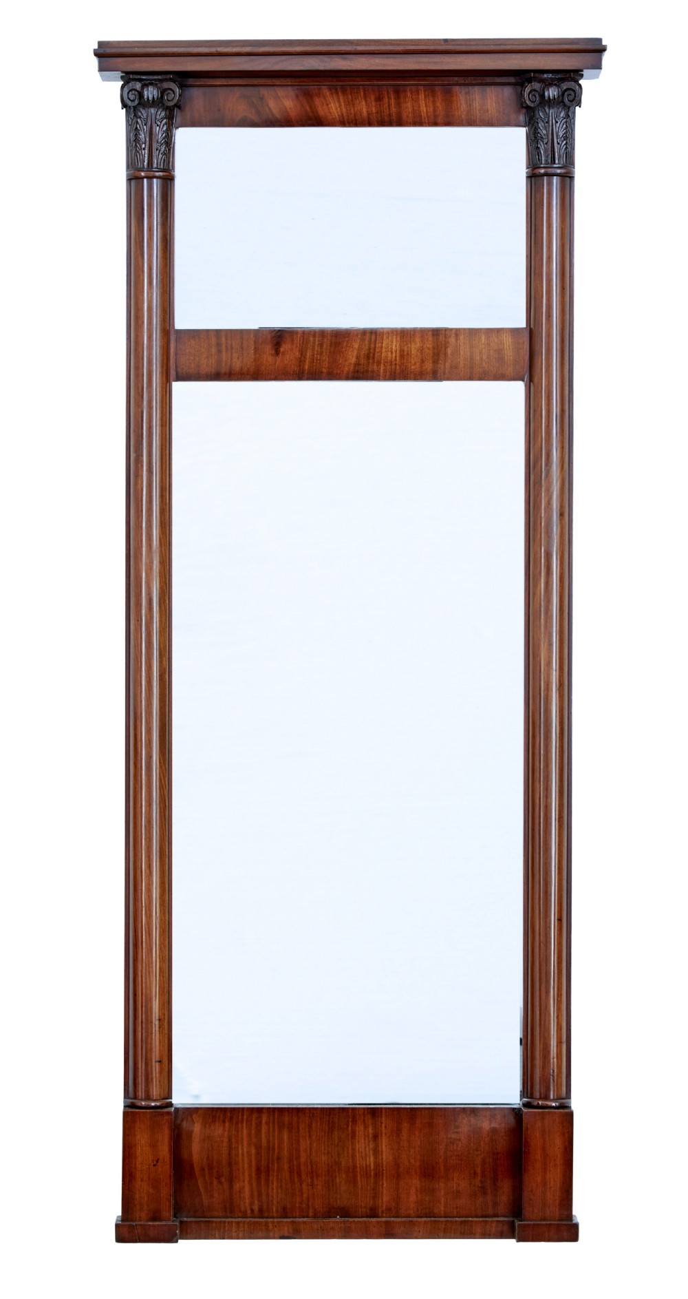 A tall mid 19th-century Danish Empire mahogany pier mirror resting on a matching single-door base cabinet featuring classical column supports. View II