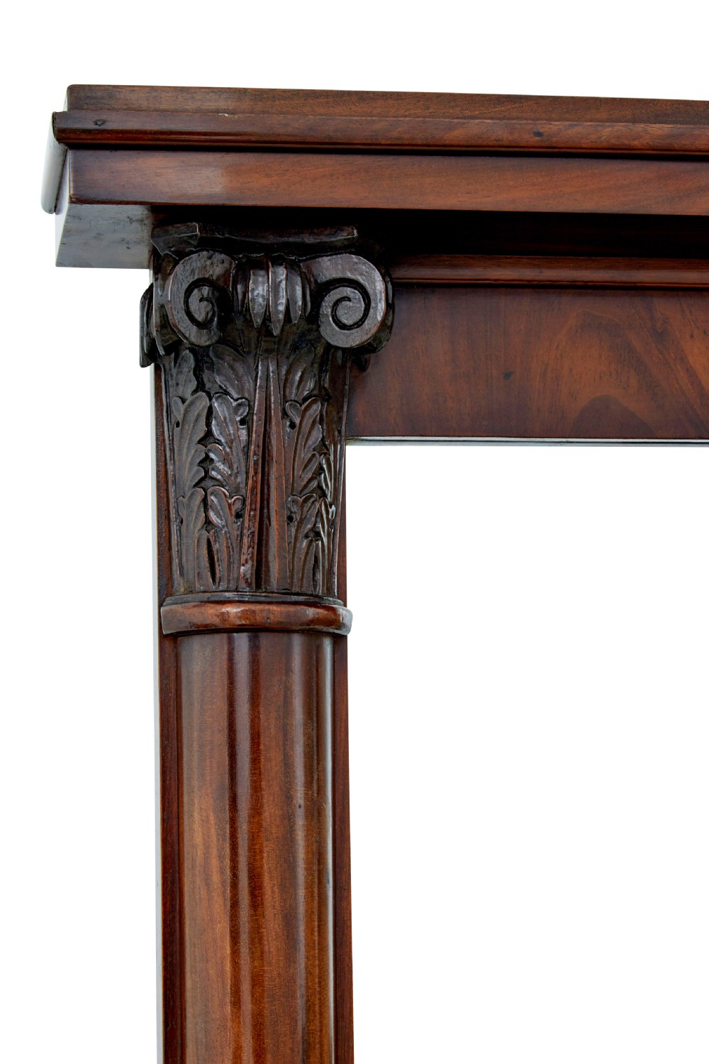 A tall mid 19th-century Danish Empire mahogany pier mirror resting on a matching single-door base cabinet featuring classical column supports. View III