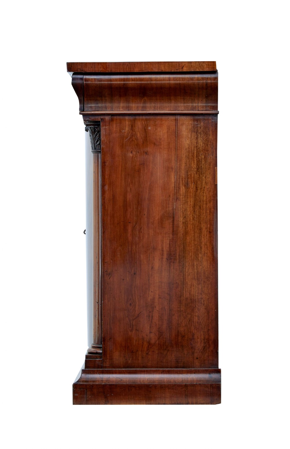 A tall mid 19th-century Danish Empire mahogany pier mirror resting on a matching single-door base cabinet featuring classical column supports. View V