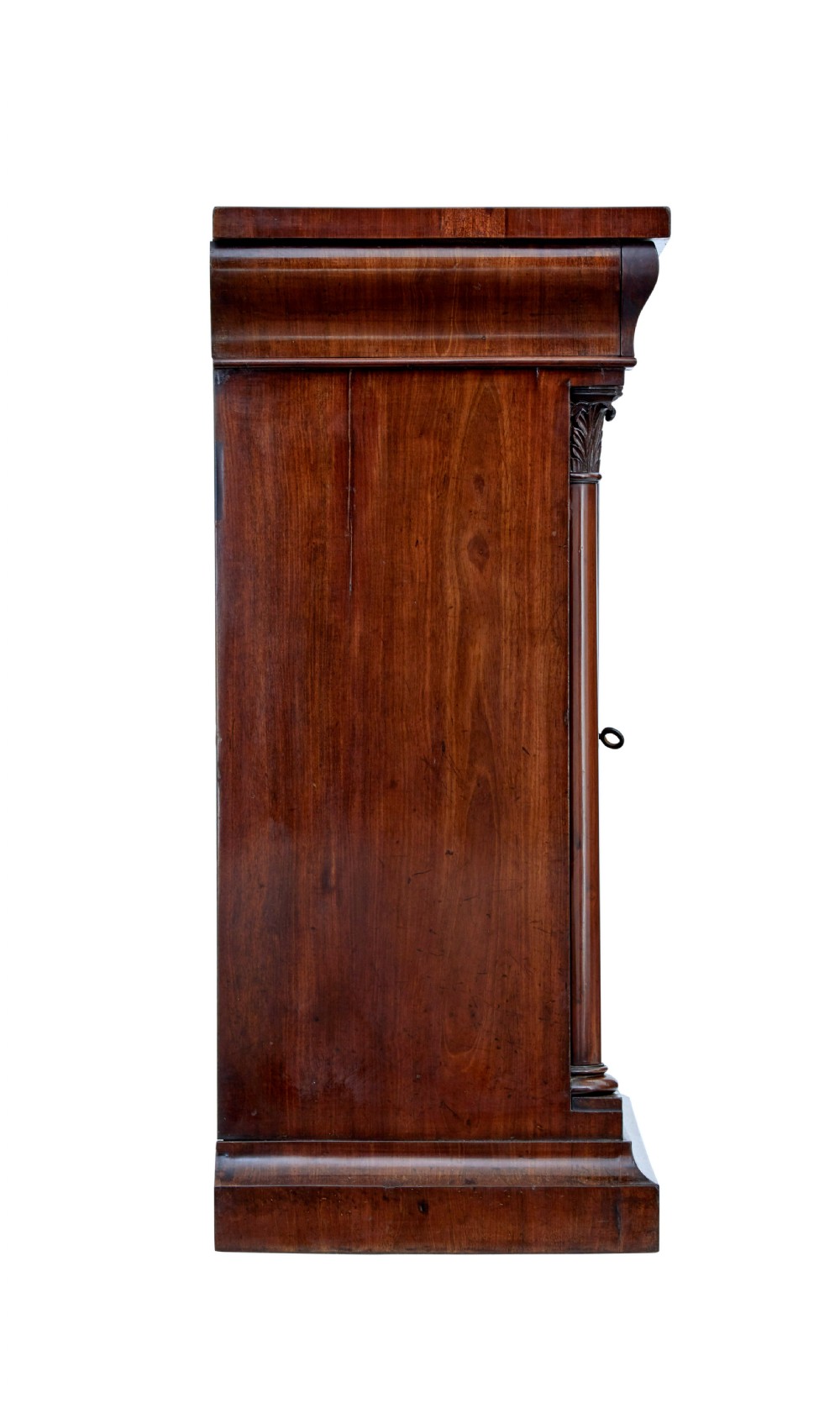 A tall mid 19th-century Danish Empire mahogany pier mirror resting on a matching single-door base cabinet featuring classical column supports. View VII