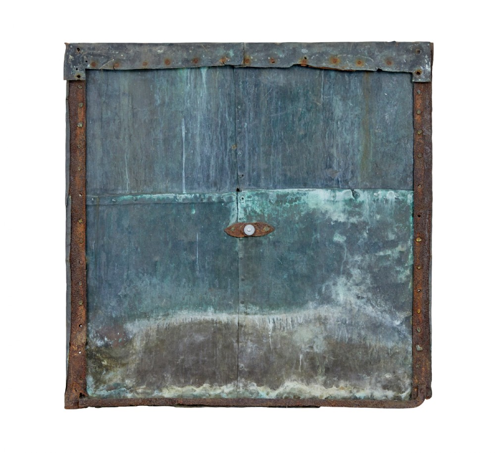 A square 18th-century Swedish copper turret clock face featuring a green verdigris patina, central sunburst motif, Roman numerals, and a single hand shaped like a pointer. View II