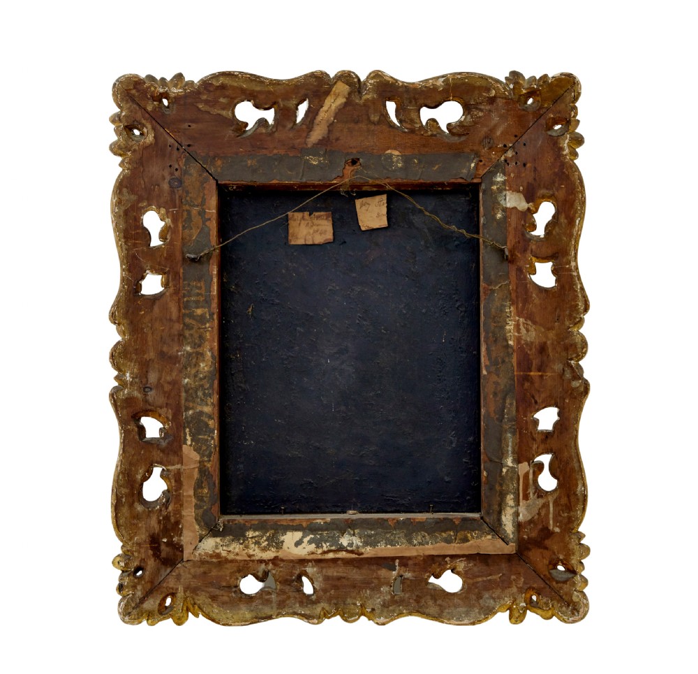 An 18th-century oil portrait depicting an elderly woman with a red hood, housed in a heavily carved gold gilt frame. View VII