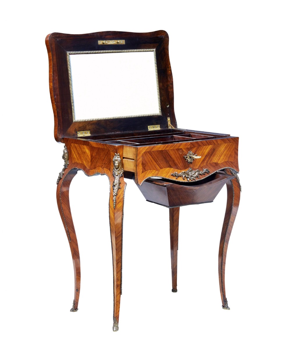 A 19th-century French kingwood sewing work table featuring parquetry veneering, cabriole legs, gilt-bronze mounts, and a lower fabric-lined storage bin. View III