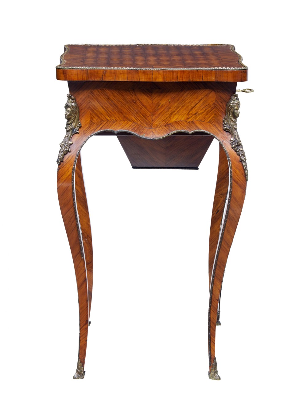 A 19th-century French kingwood sewing work table featuring parquetry veneering, cabriole legs, gilt-bronze mounts, and a lower fabric-lined storage bin. View IV