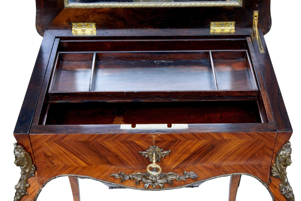 A 19th-century French kingwood sewing work table featuring parquetry veneering, cabriole legs, gilt-bronze mounts, and a lower fabric-lined storage bin. View VII