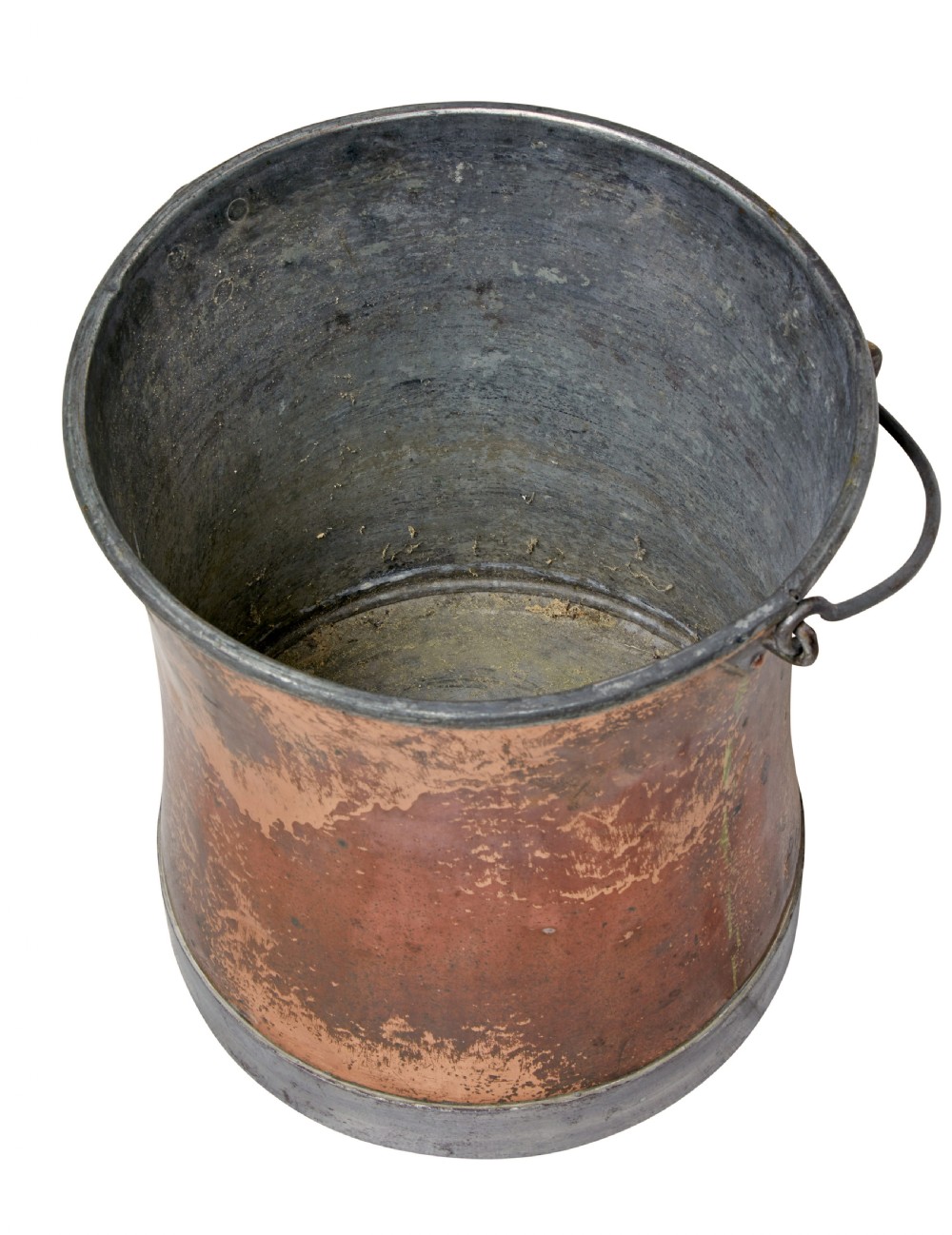 A late 19th-century copper bucket featuring a flared cylindrical body, reinforced metal base, and an iron swing handle with a turned wooden grip. View III