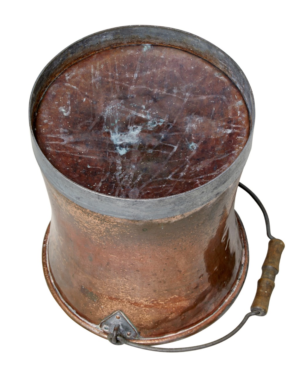 A late 19th-century copper bucket featuring a flared cylindrical body, reinforced metal base, and an iron swing handle with a turned wooden grip. View IV