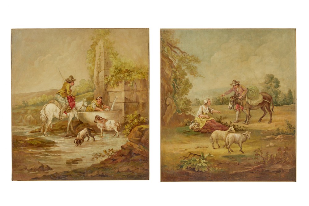 A pair of late nineteenth-century oil paintings on canvas depicting rural pastoral scenes with figures, livestock, and stone architectural ruins.