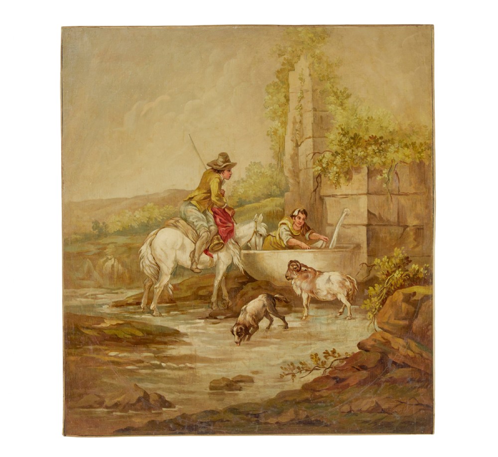 A pair of late nineteenth-century oil paintings on canvas depicting rural pastoral scenes with figures, livestock, and stone architectural ruins. View II