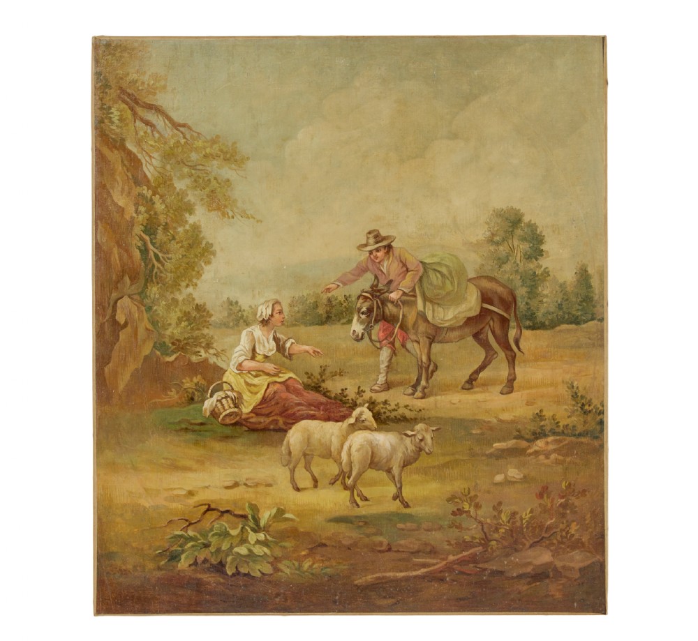 A pair of late nineteenth-century oil paintings on canvas depicting rural pastoral scenes with figures, livestock, and stone architectural ruins. View III