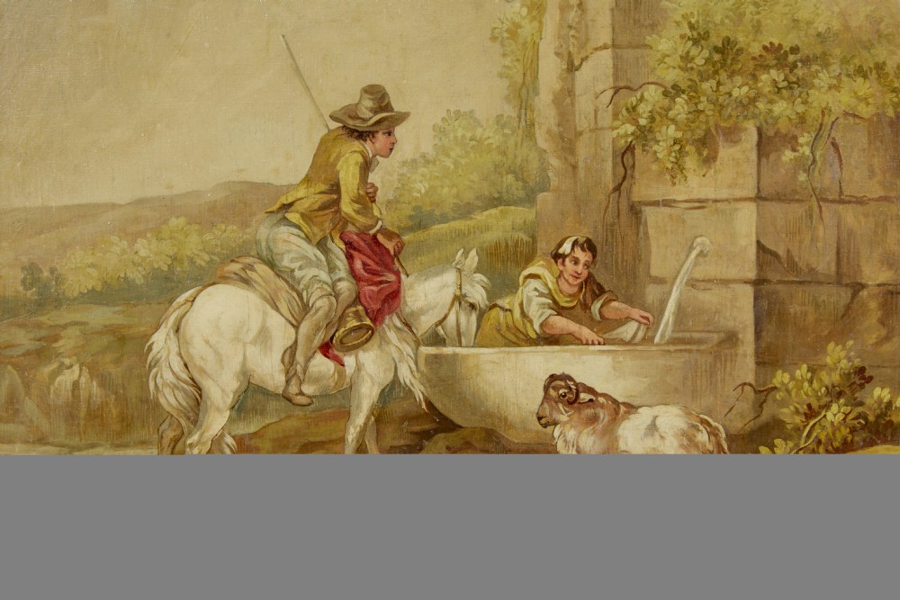 A pair of late nineteenth-century oil paintings on canvas depicting rural pastoral scenes with figures, livestock, and stone architectural ruins. View IV