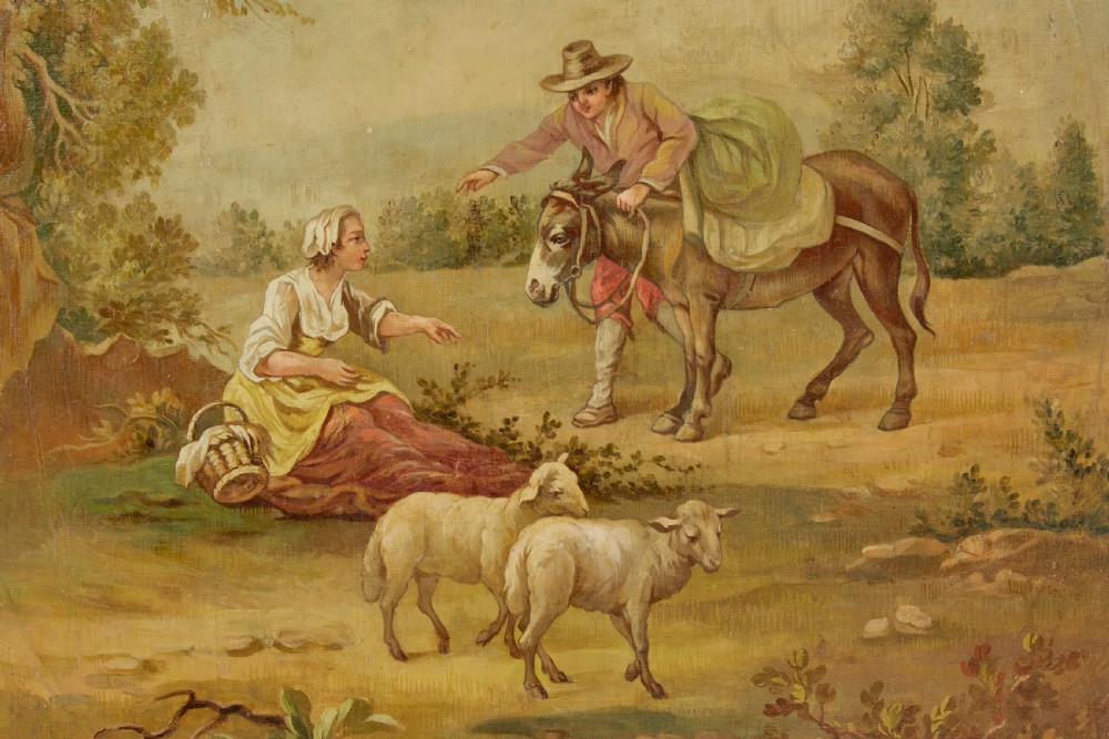 A pair of late nineteenth-century oil paintings on canvas depicting rural pastoral scenes with figures, livestock, and stone architectural ruins. View V