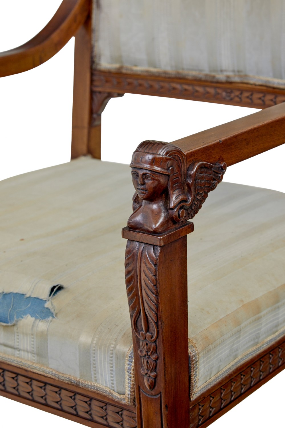 An early twentieth-century seven-piece Empire Revival walnut salon suite comprising a bench, two armchairs, and four side chairs with carved serpent back splats. View VIII