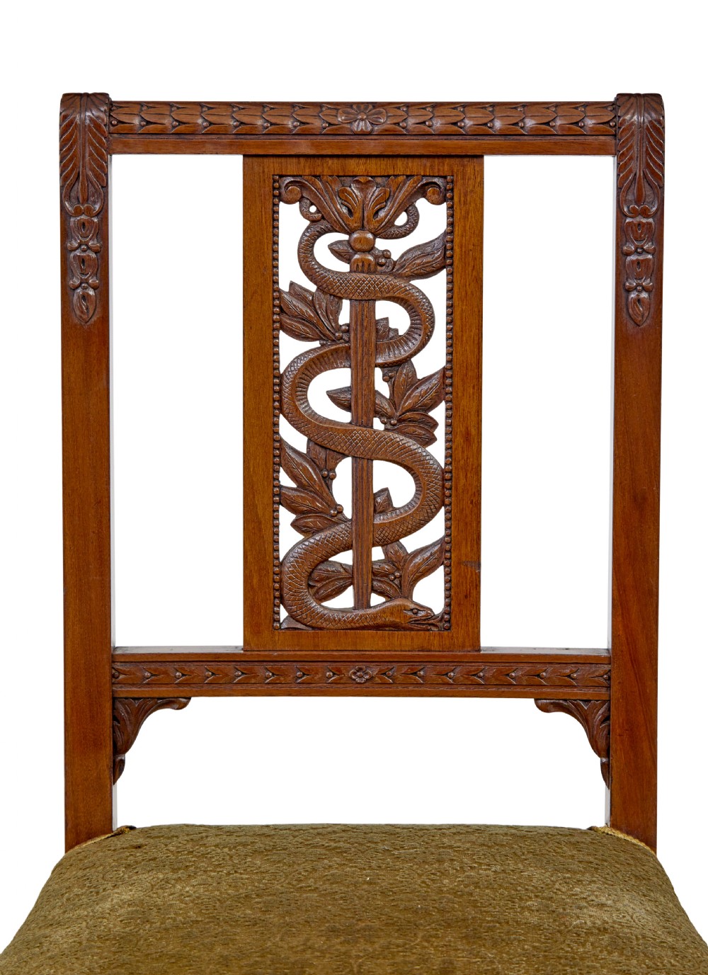 An early twentieth-century seven-piece Empire Revival walnut salon suite comprising a bench, two armchairs, and four side chairs with carved serpent back splats. View XIII