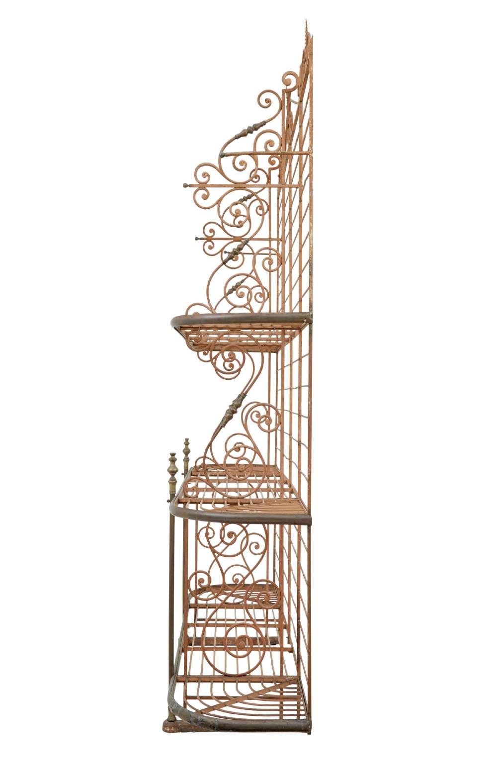 An early 20th-century French wrought iron and brass bakers rack featuring decorative scrollwork and three open slatted shelves. View III