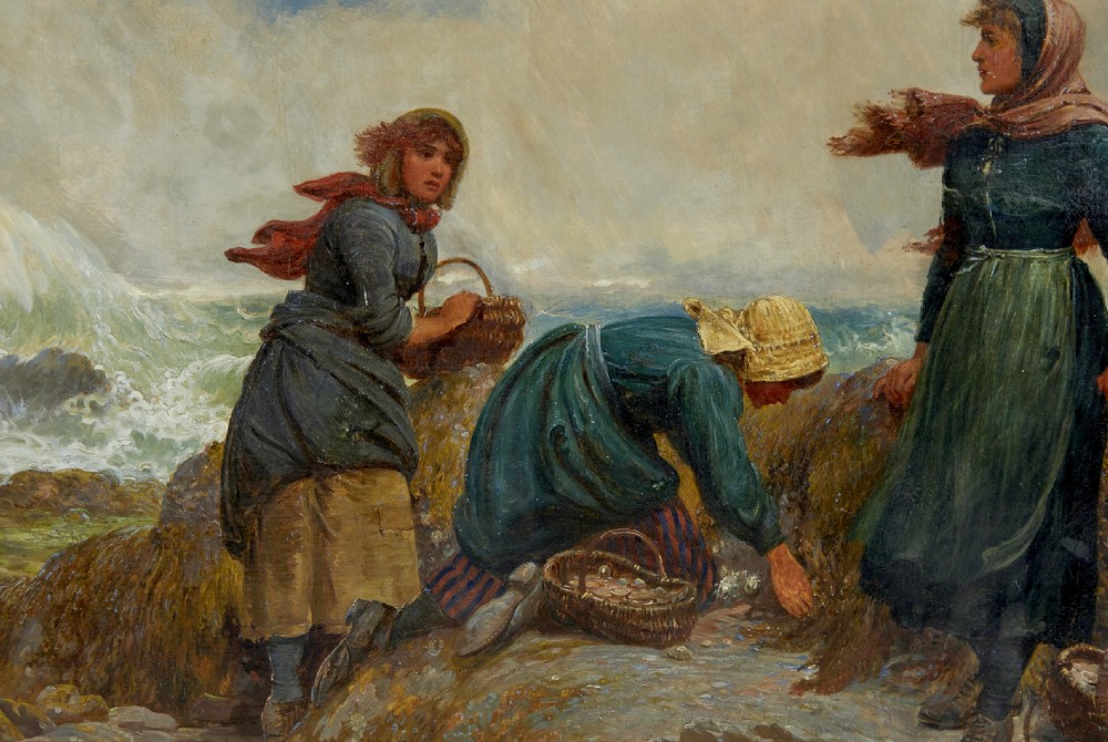A 19th-century framed oil painting depicting three women gathering shellfish along a rocky, wave-swept coastline set within an ornate gilded frame. View II