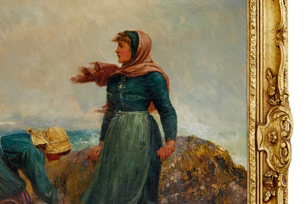 A 19th-century framed oil painting depicting three women gathering shellfish along a rocky, wave-swept coastline set within an ornate gilded frame. View III