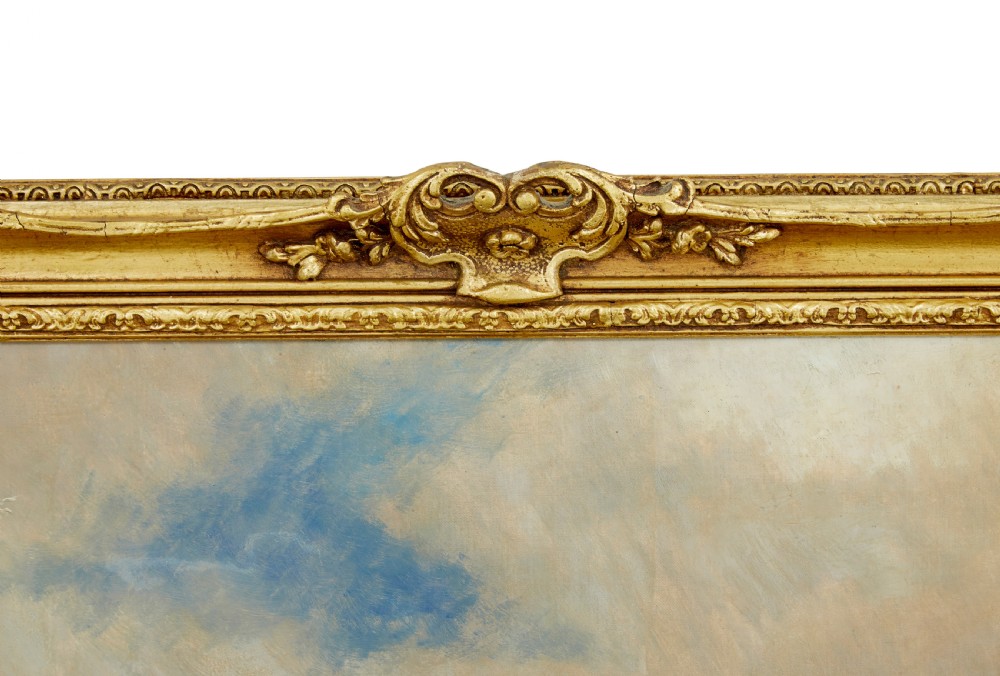 A 19th-century framed oil painting depicting three women gathering shellfish along a rocky, wave-swept coastline set within an ornate gilded frame. View VI