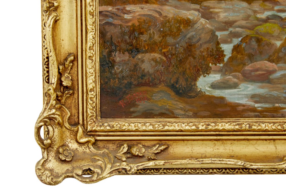 A 19th-century framed oil painting depicting three women gathering shellfish along a rocky, wave-swept coastline set within an ornate gilded frame. View VII
