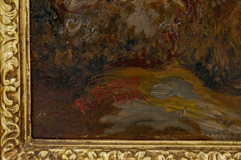 A 19th-century framed oil painting depicting three women gathering shellfish along a rocky, wave-swept coastline set within an ornate gilded frame. View VIII