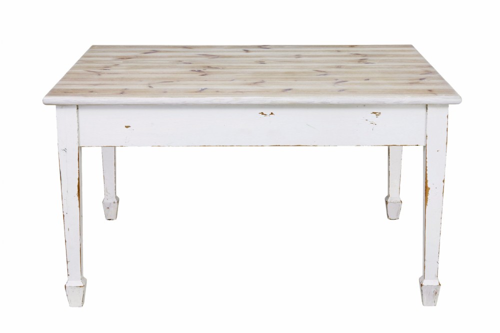A large square Swedish nineteenth-century kitchen table featuring a natural scrubbed pine plank top and a white painted frame with square tapered legs. View III