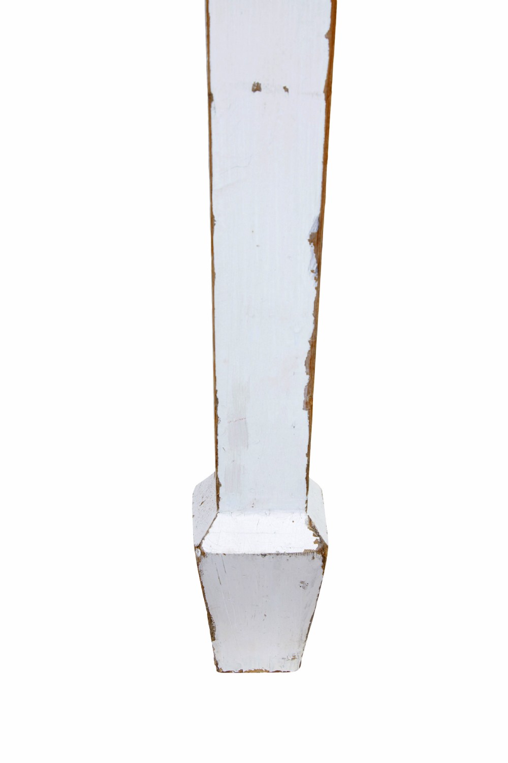 A large square Swedish nineteenth-century kitchen table featuring a natural scrubbed pine plank top and a white painted frame with square tapered legs. View IV