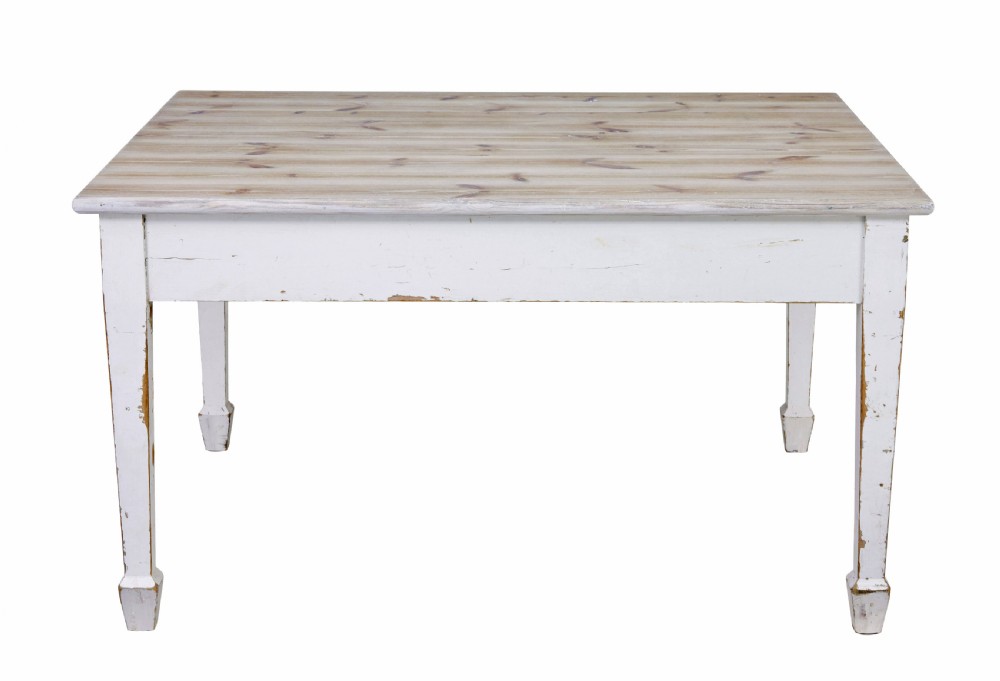 A large square Swedish nineteenth-century kitchen table featuring a natural scrubbed pine plank top and a white painted frame with square tapered legs. View VII