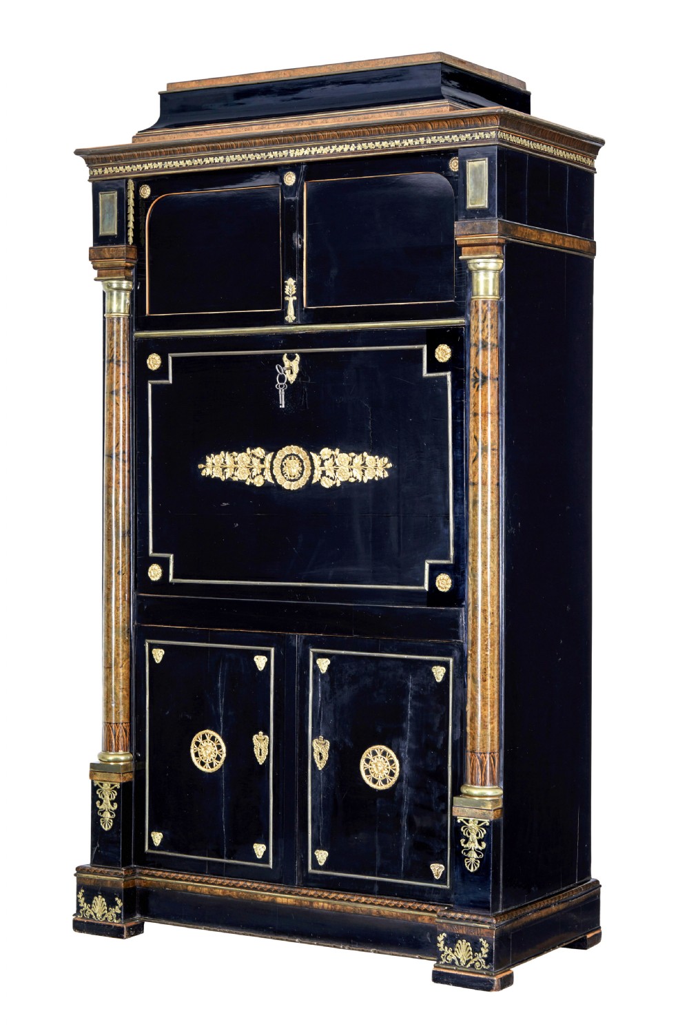 An early 19th-century ebonised birch Biedermeier escritoire featuring gilded bronze mounts, architectural side columns, and multiple cabinet doors.