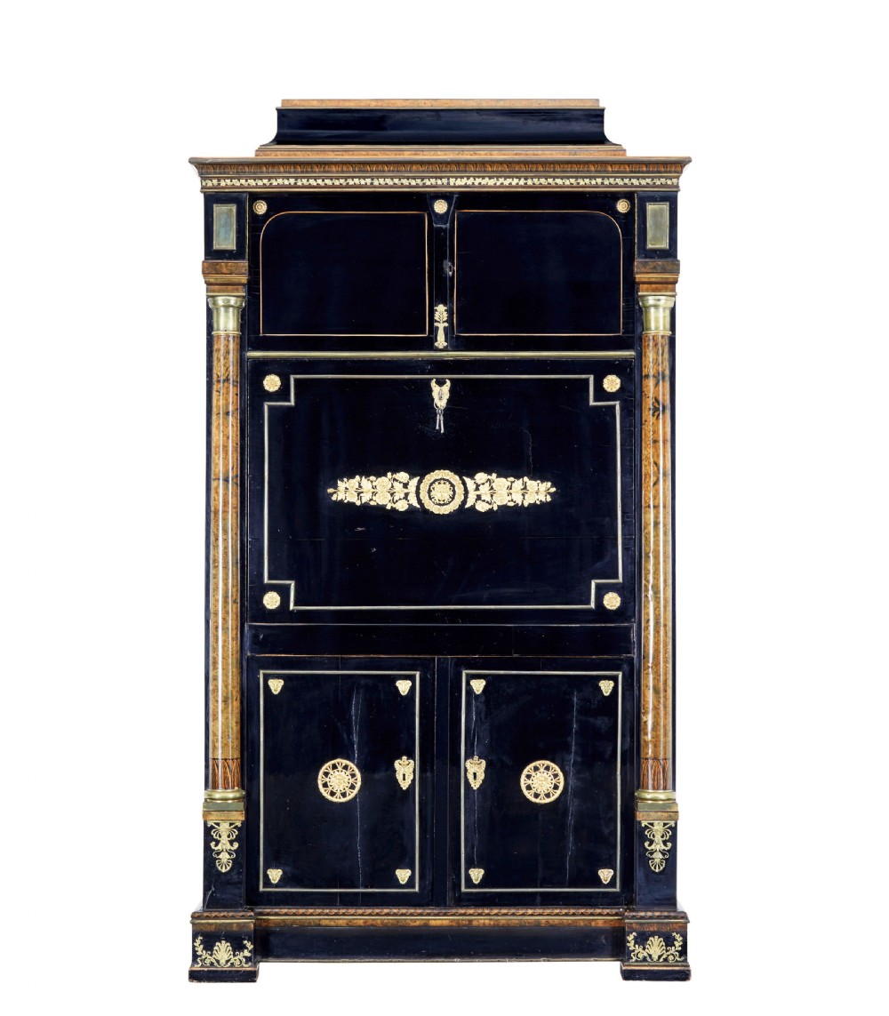 An early 19th-century ebonised birch Biedermeier escritoire featuring gilded bronze mounts, architectural side columns, and multiple cabinet doors. View II