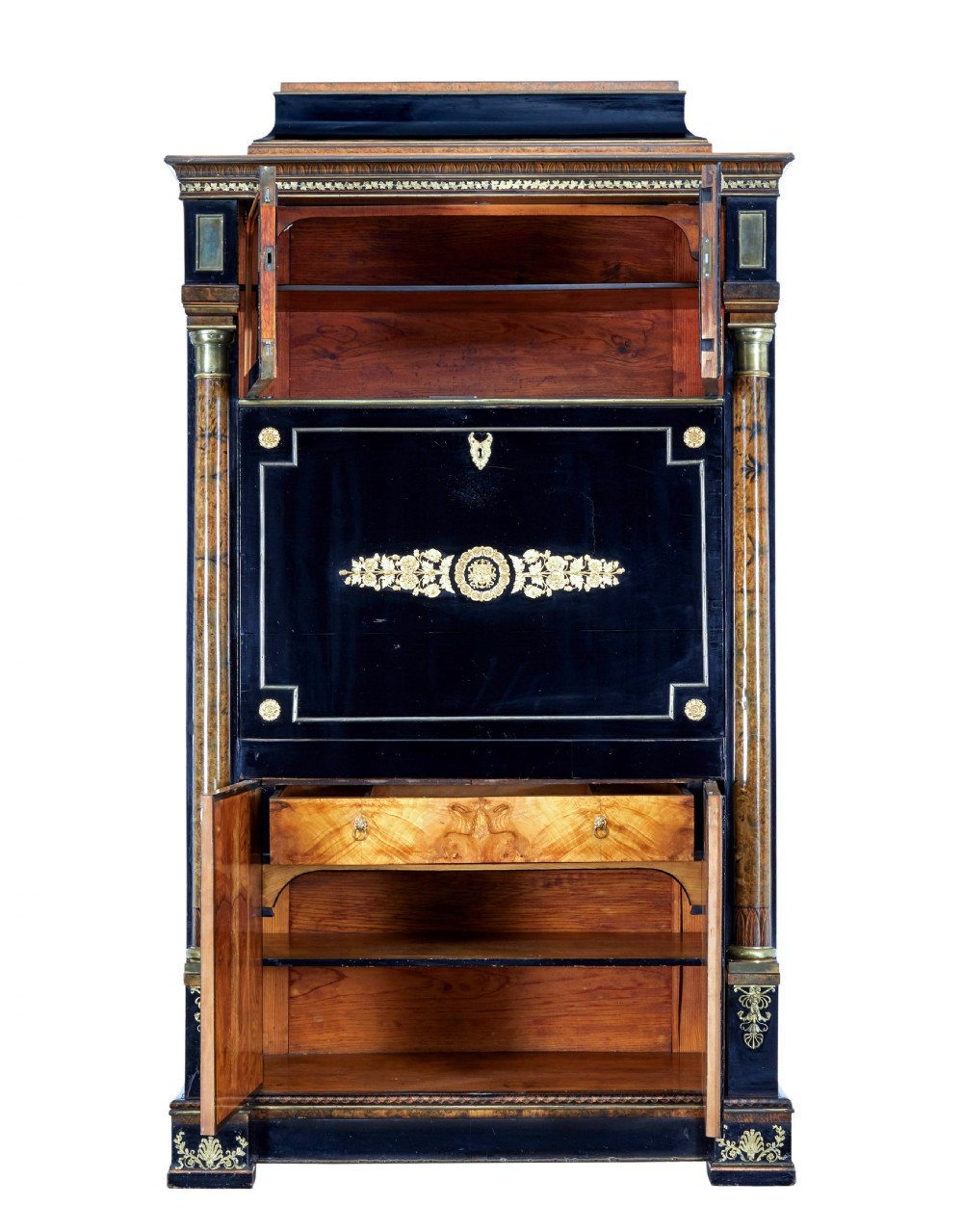 An early 19th-century ebonised birch Biedermeier escritoire featuring gilded bronze mounts, architectural side columns, and multiple cabinet doors. View IV