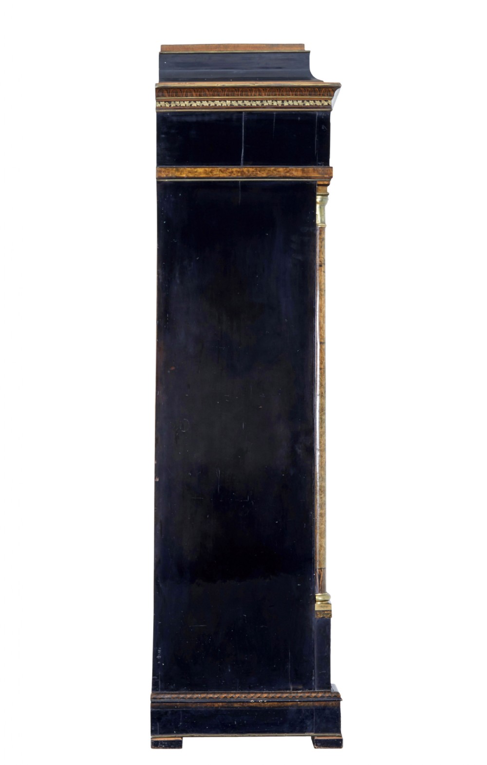 An early 19th-century ebonised birch Biedermeier escritoire featuring gilded bronze mounts, architectural side columns, and multiple cabinet doors. View V